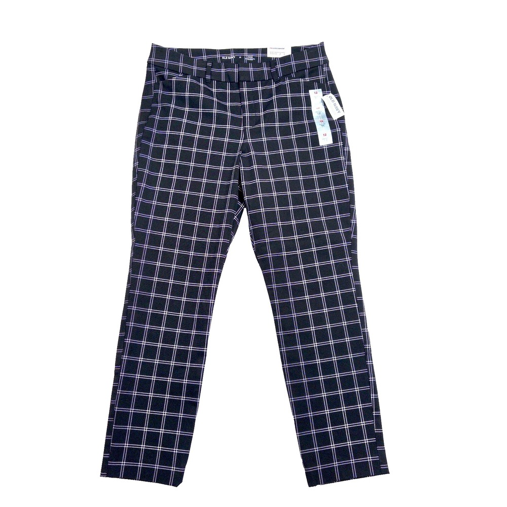 Old Navy Pixie Ankle Pants Womens 12 Black Plaid High Rise Windowpane NEW